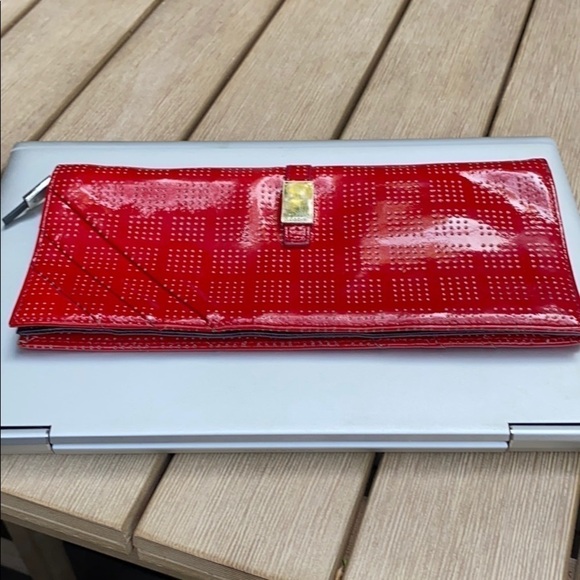 Lodis Red Patent Leather Laser Clutch Bag Wristlet